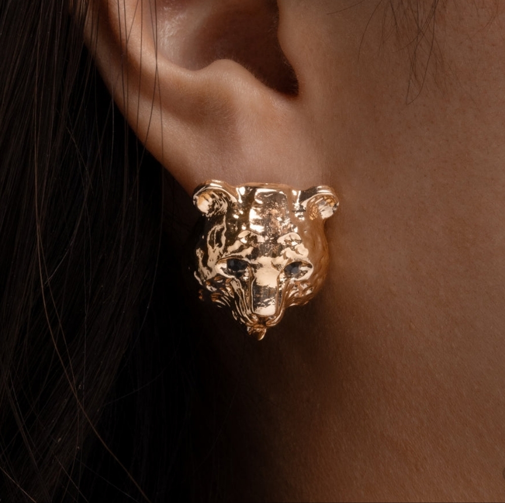 Gold Lion Head Stud Earrings